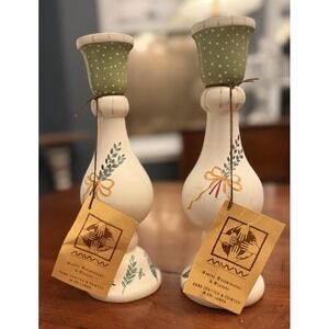 VTG Manual Woodworkers Weavers Painted Wood Candlesticks Pair Sri Lanka Folk Art